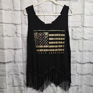 Black Fringe Tank with Metallic Gold Flag